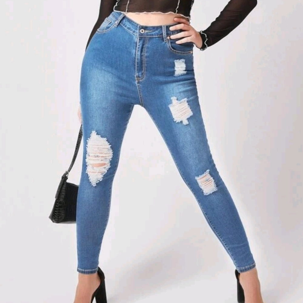 Distressed High-Waist Skinny Jeans - Blue